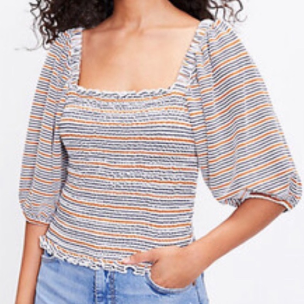 LOFT square neck striped smocked puff sleeve top- Size XS